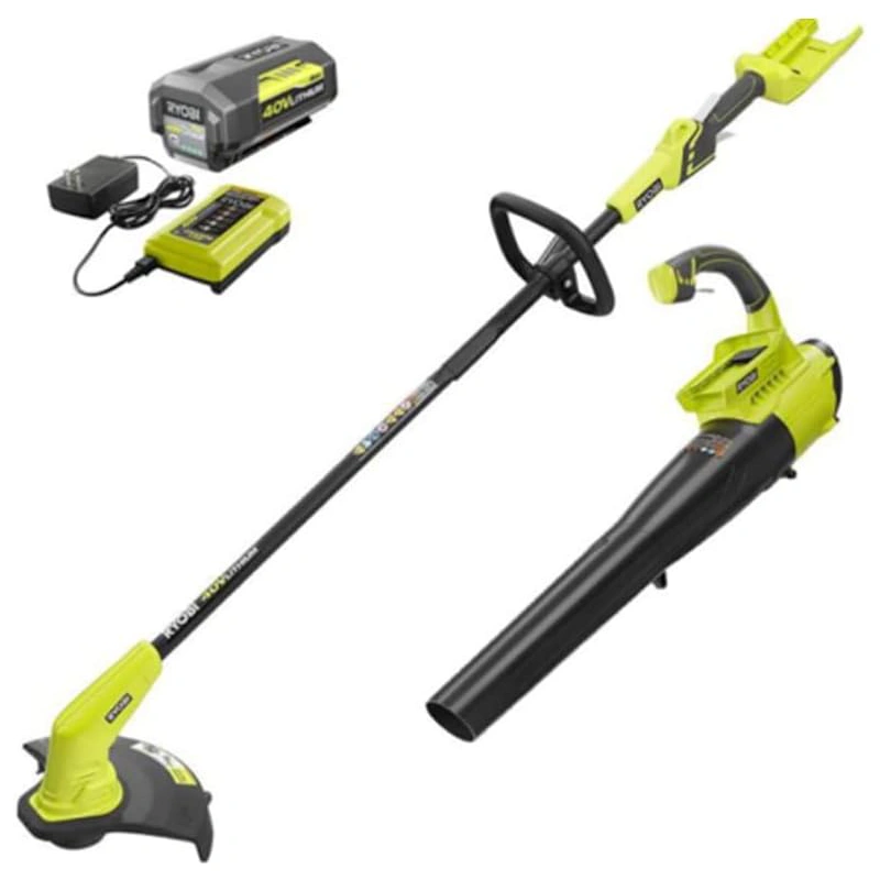 Ryobi 40V Cordless Battery Attachment Capable String Trimmer and Leaf Blower Combo Kit (2-Tools) w/ 4.0 Ah Battery & Charger